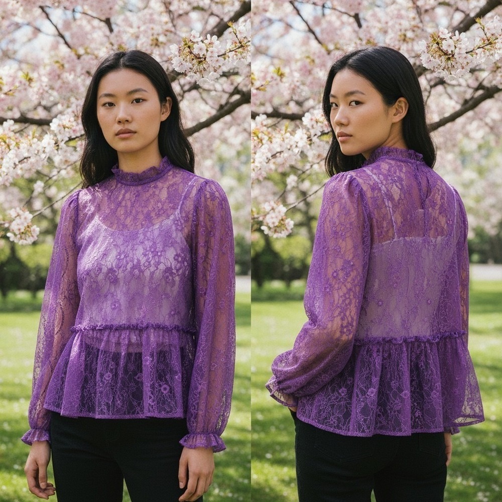 Banana Republic Lace Peplum Top Women M Purple Mock Neck Ruffle Romantic Blouse